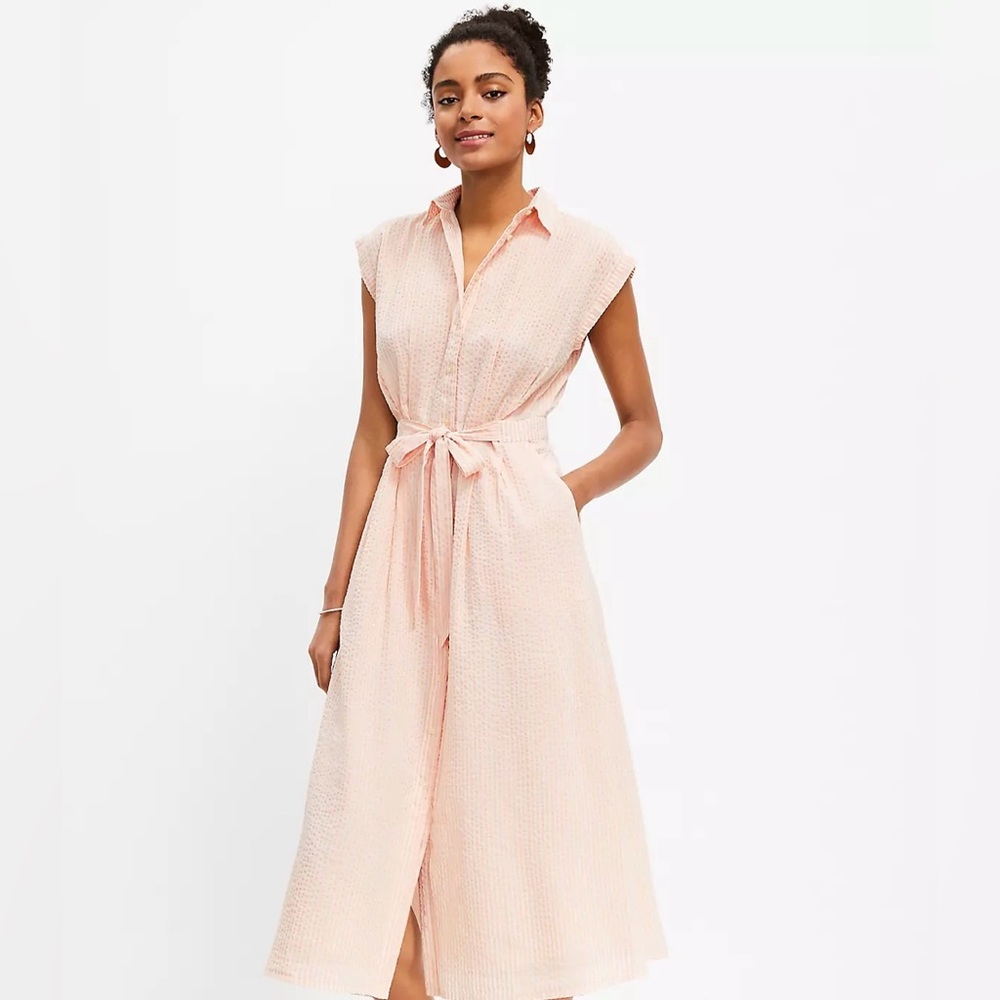 Loft Seersucker Midi Pocket Pink Dress